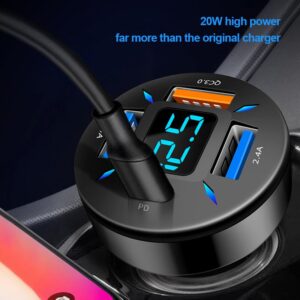 Car Charger Quick Charge Cigarette Lighter Adapter 4-Port USB A USB C Fast Charging Phone Charger for iPhone Xiaomi Samsung