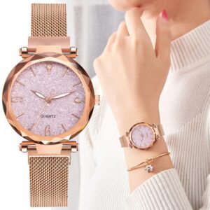 Luxury Ladies Bracelet Quartz Watch Quartz Watch Bracelet Set Green Dial Simple Rose Gold Mesh Luxury Ladies Watch